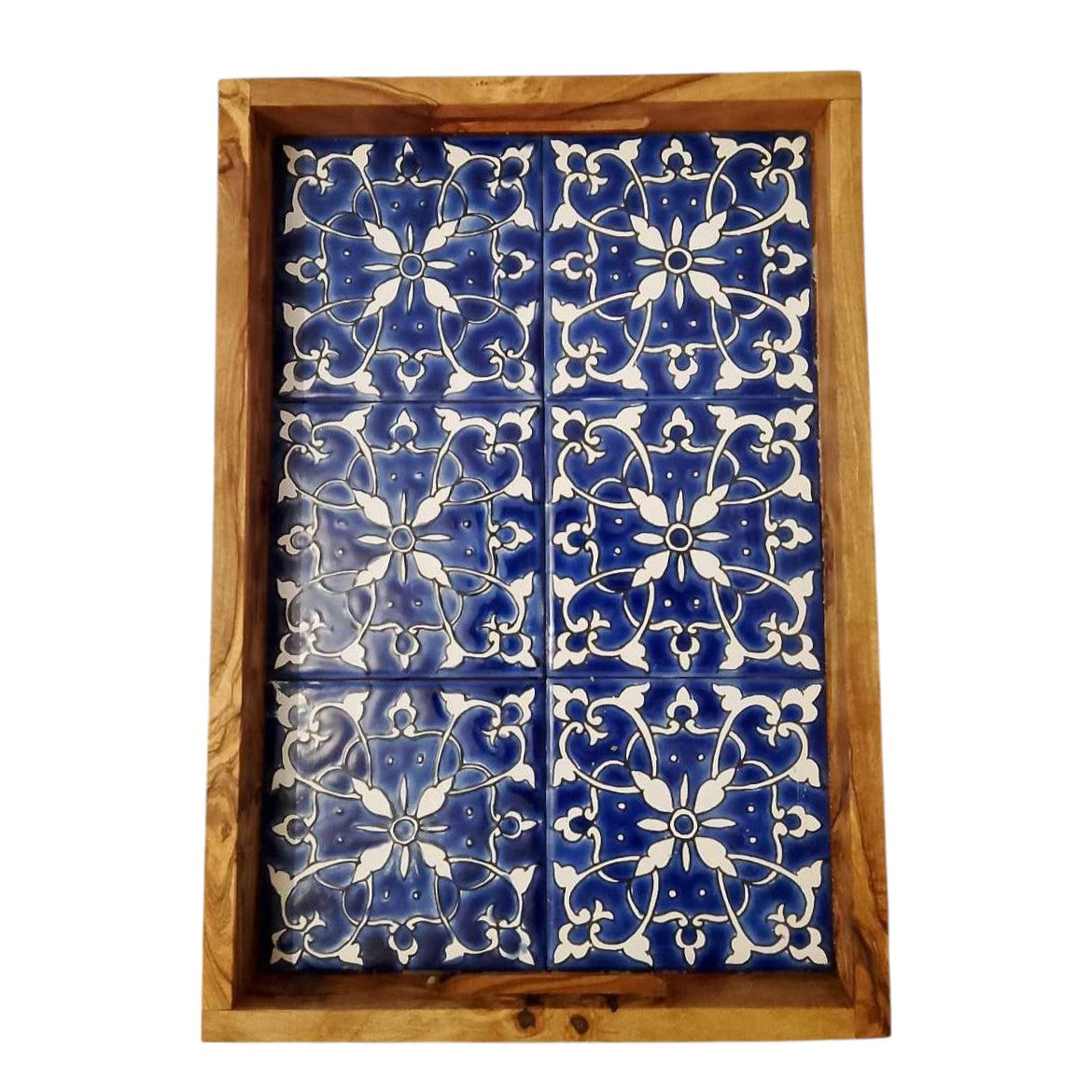 Plateau artisanal en Bois d'Olivier & Céramique - 32 x 24 cm