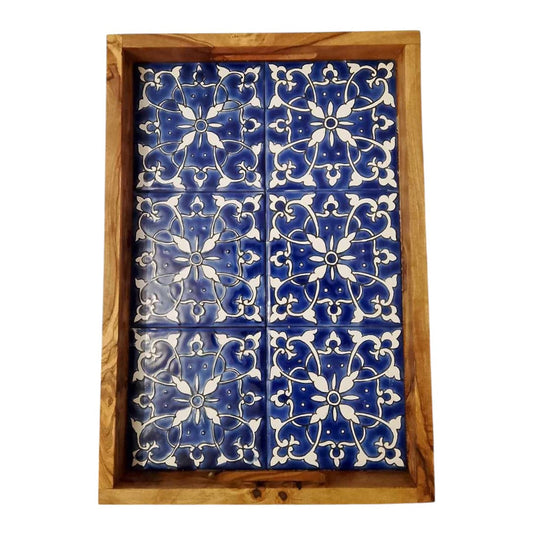 Plateau artisanal en Bois d'Olivier & Céramique - 32 x 24 cm