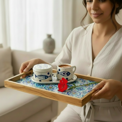 Plateau artisanal en Bois d'Olivier & Céramique - 32 x 24 cm